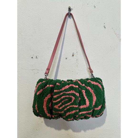 STAUD Pink Green Swirl Psychedelic Beaded Patterned Bean Convertible Bag Purse - Picture 4 of 11